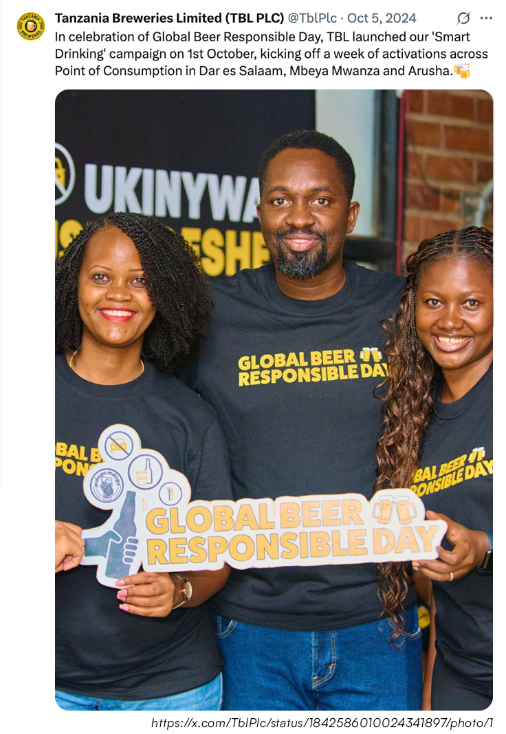 Tanzania Breweries Limited celebrates Global Beer Responsible Day as part of the alcohol industry strategy to control the narrative on alcohol 