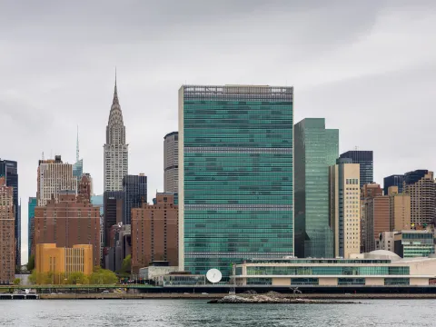 New York skyline with empire state building and United Nations Headquarters