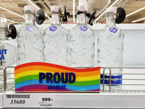 Vodka bottles being sold in a supermarket with LGTBIQ branding 