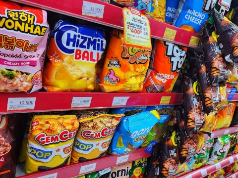 Crisps containing trans fats on the shelves of a supermarket in Indonesia 