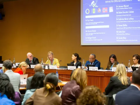 NCDA CEO Katie Dain speaking at the Equity and integration WHA78 side event panel in Geneva, May 2025.