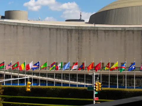 Flags in front of the UN Headquarters in New York