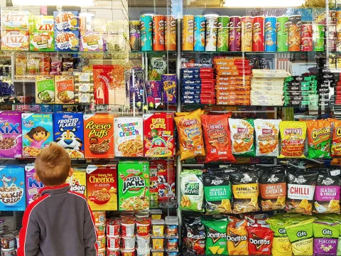 Little boy looking at ultra processed cereal products 