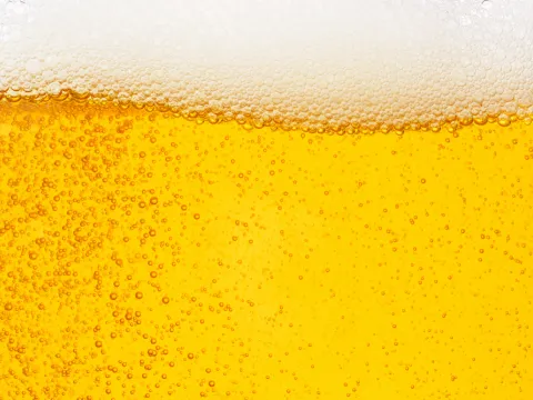 Close-up of beer showing amber-coloured liquid with bubbles