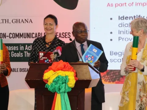 (Photo from Ghana MoH) Dr Matshidiso Moeti, WHO AFRO Regional Director; H.E. Ingrid Mollestad, Norwegian Ambassador to Ghana; Hon. Kwaku Agyeman-Manu MP, Ghanaian Minister of Health; Dr Bente Mikkelsen, NCD Director, WHO