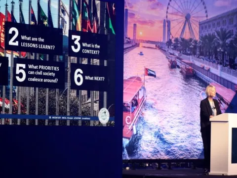 NCD Alliance CEO Katie Dain speaks at the Second NCDA Global Forum in Sharjah, Dec. 2018