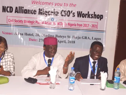 (L-R) Prof Ifeoma Okoye: Chairperson, 'Breast Without Spot' Initiative; Olorogun (Dr) Sonny F Kuku: President, NCD Alliance Nigeria; Dr Kingsley K Akinroye: Vice-Pres, NCDA Nigeria; Prof Sani Malami: Exec. Dir., NCDA Nigeria