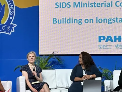 Panellist speaking on stage at NCD advocacy event on SIDS