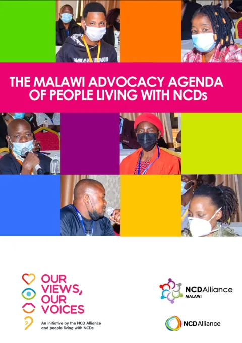 Cover of the Malawai Advocacy agenda for people living with NCDs publication with people smiling on front