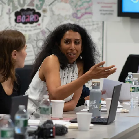 woman speaking in a meeting room at UNGA side event with smile on face